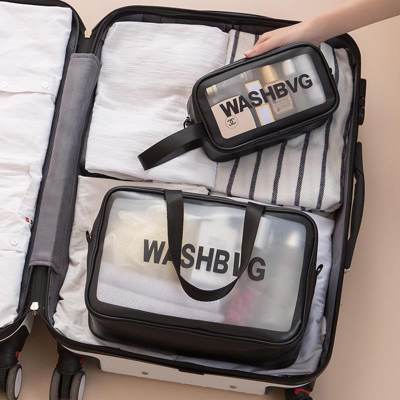 Image of Waterproof Wash Bag Pouch for Travel Kit Toiletry Bag Pink Faux Leather, 3-Piece Travel Makeup, Brushes & Accessories Toiletry Organiser with Clear Window (Black 3)