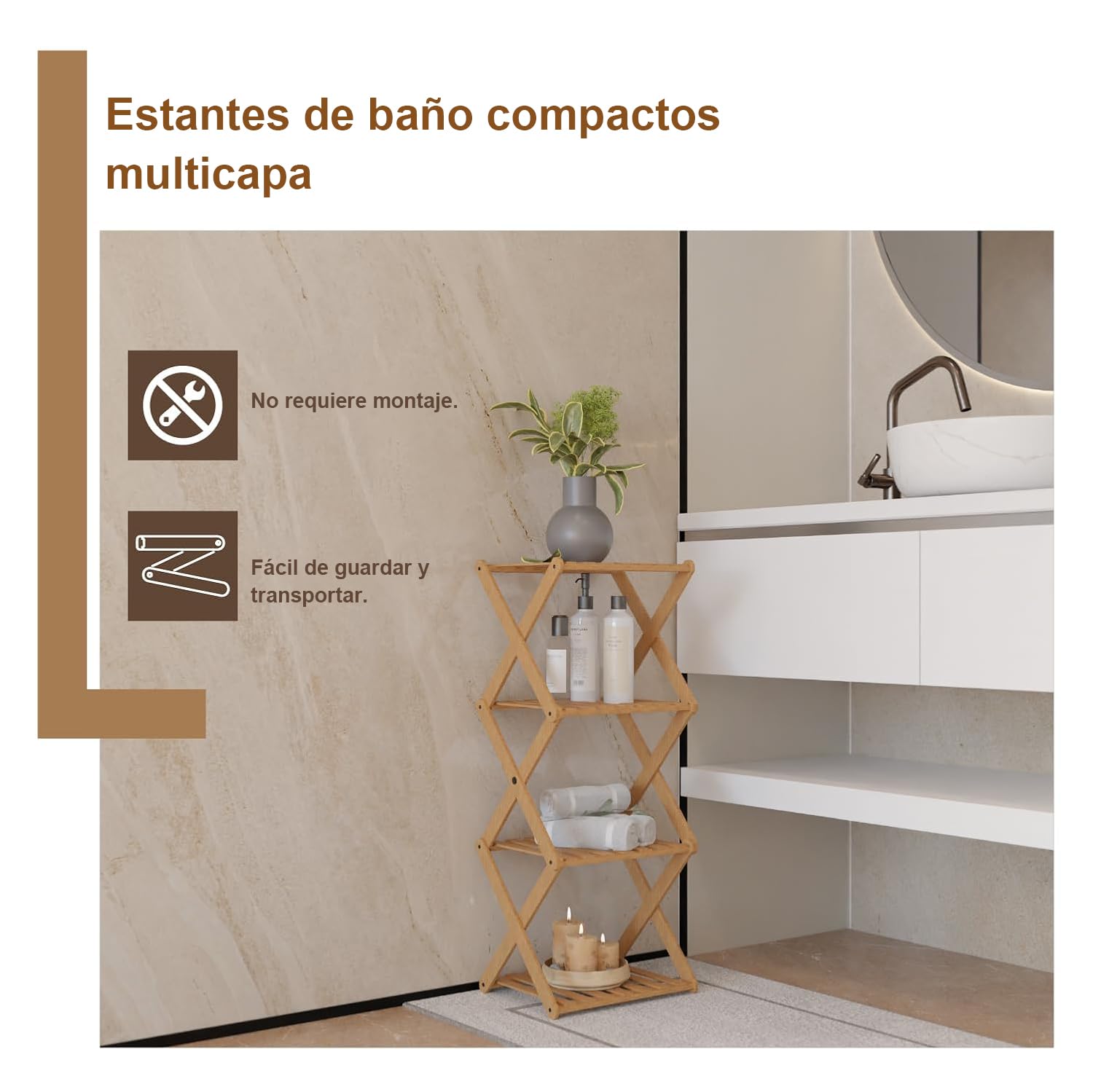 Ichigo Ichie Estantería Plegable de Bambú de 4 Niveles, Estante de Almacenamiento Multifuncional para Hogar y Baño, Ideal para Toallas, Cosméticos, Perfumes y Plantas, 29.8x28x91cm
