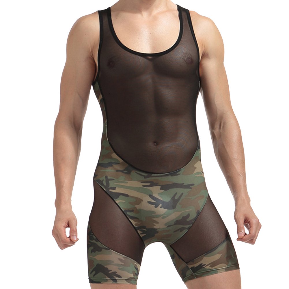 Jj Store Men's Camouflage Mesh Bodysuit Boxer Briefs Underwear Jumpsuit Undershirt