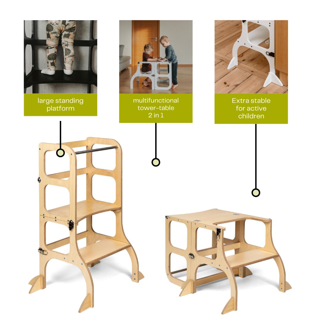 Ette Tete Step’n’Sit® Montessori Torre - Mesa de Aprendizaje Convertible • Multifuncional 2 en 1 • con Patas de Apoyo adicionales (con Cierres de latón Antiguo, Negro)
