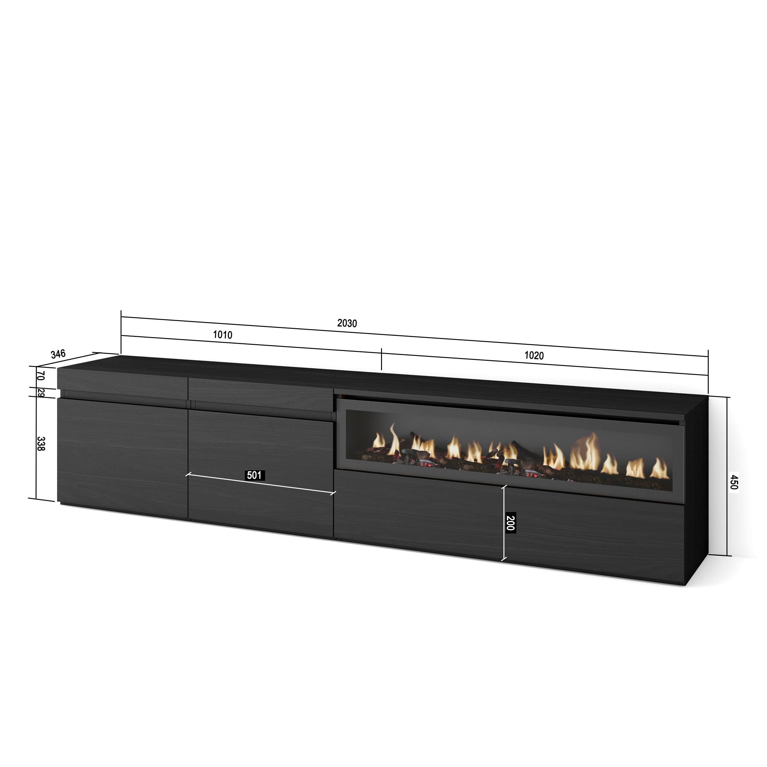 TV-Meubel, Lowboard, Woonkamer, Eetkamer, 200x35x45cm, Voor tv's tot 80, Elektrische haard, Hangend, Moderne stijl, Zwart _ 48_23
