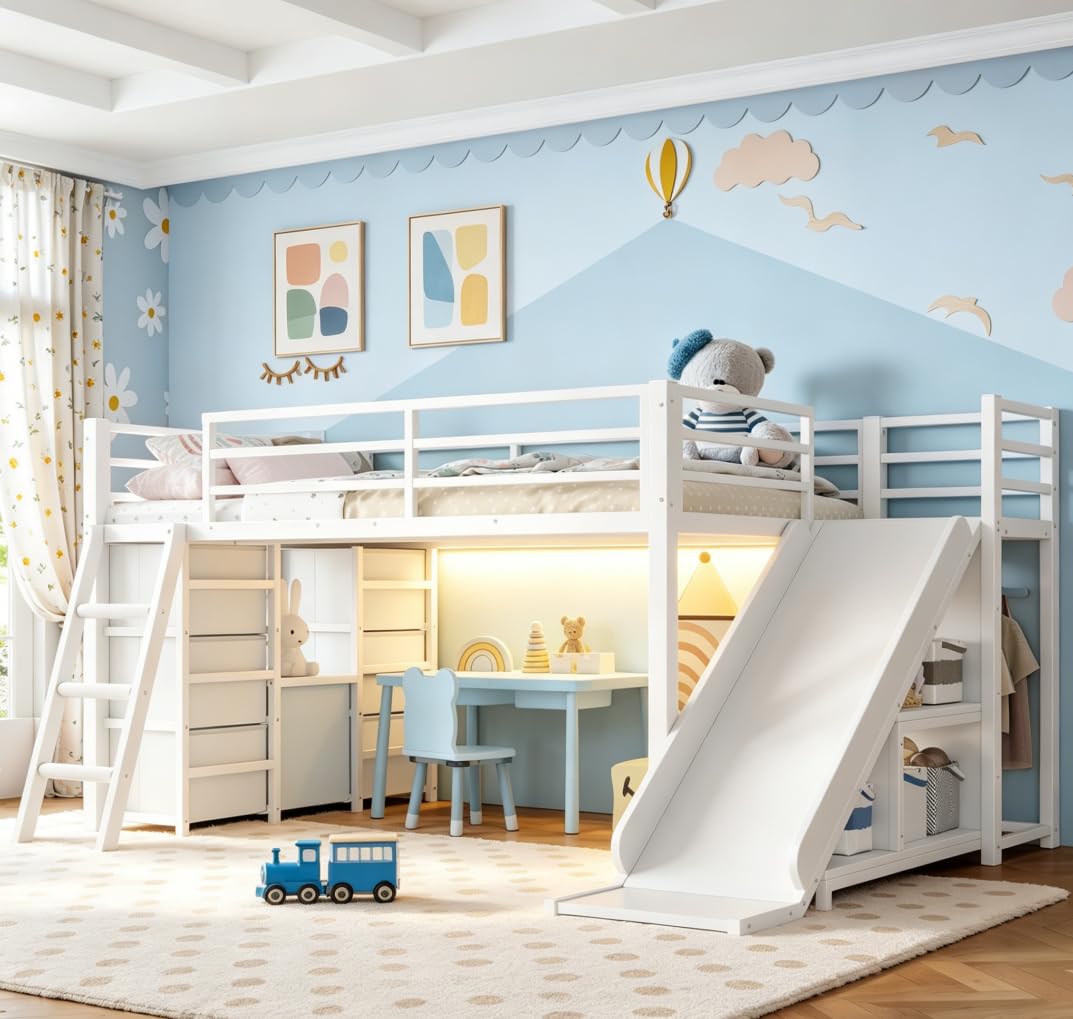 Photo 1 of Bellemave Twin Low Loft Bed with Slide, LED, and Storage - White