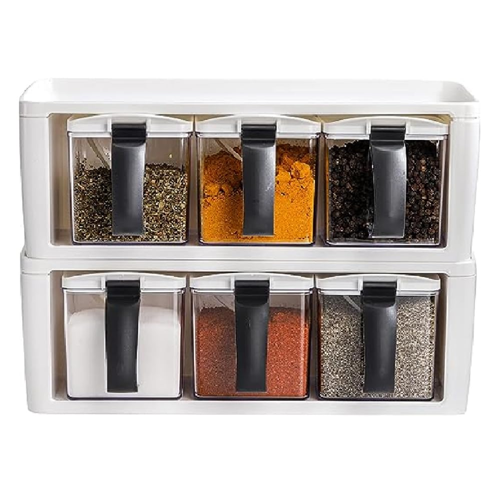 Sunmeit Spice Rack Spice Rack PS+PP 3 Grids with Handle,Cover & Spoon,Clear Kitchen Salt Pepper Sugar Canisters Combo Set Stackable Cruet