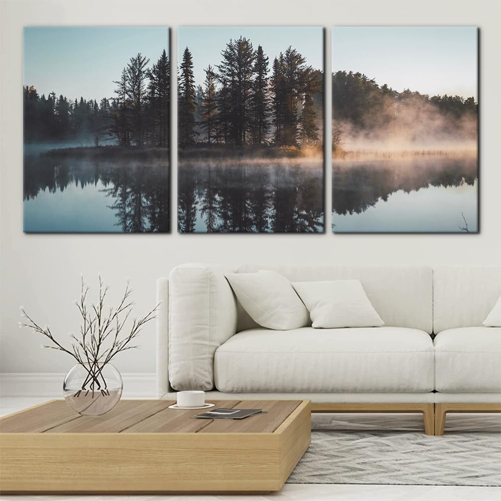 Pacimo Canvas Print Wall Art Set Trees with Misty Lake Reflection Nature Wilderness Photography Realism Contemporary Expressive for Living Room Bedroom Office Stretch Framed Ready to Hang - 20"x28"x3