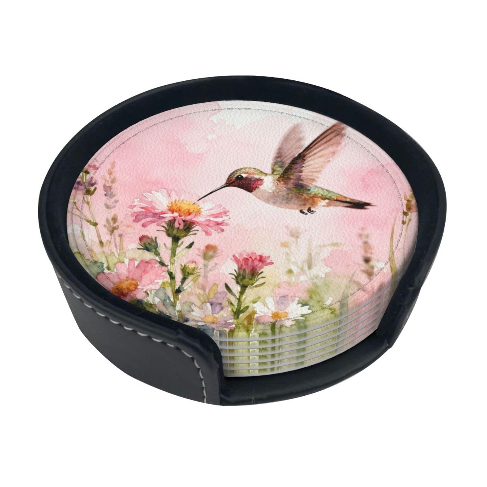 Cntdbu White Miniature Birds Leather Coasters Set Of 6-Pu Leather Drink Mats For Table, Heat Resistant Round Coasters With Holder