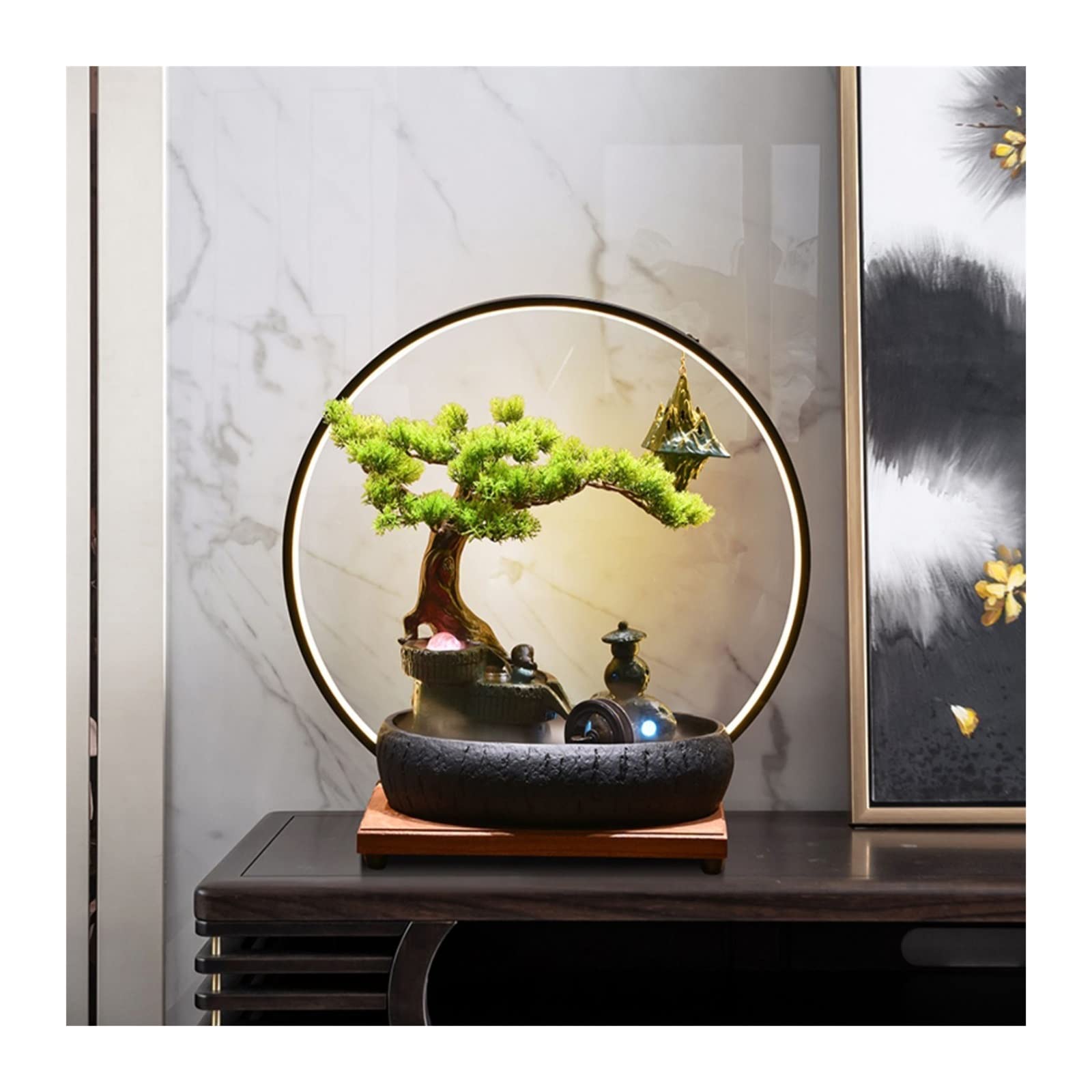indoor Waterfall Ceramic Tabletop Fountain with LED Lighting Rockery Water Features Zen Cascading Feng Shui Waterfall Table Ornaments for Living Room Office