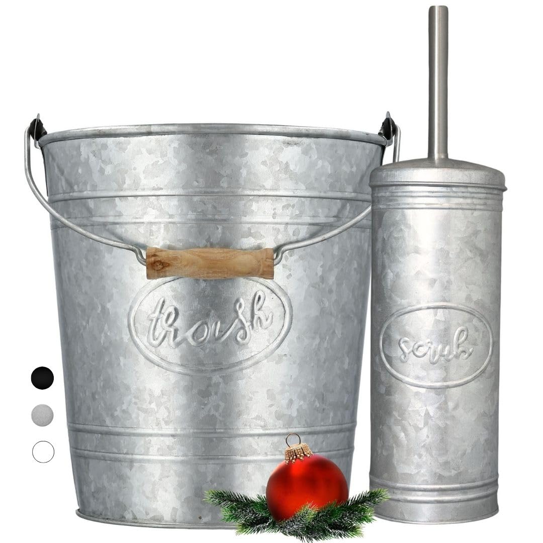 Autumn Alley Rustic Galvanized Grey Bathroom Accessory Set - Farmhouse Trash Can & Toilet Brush with Holder
