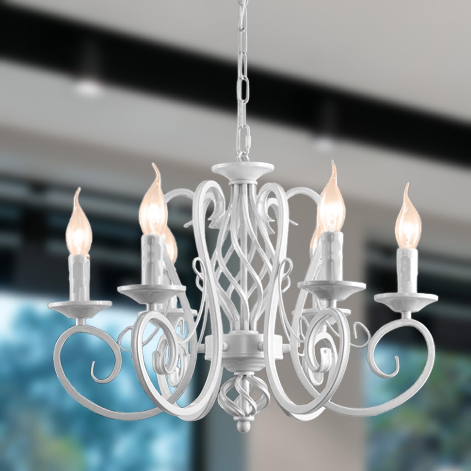 Lampadario Soggiorno Vintage, E14 Lampadario in Stile Tradizionale Rustico Bianco in Ferro Battuto con Candele, Moderna Lampada a Sospensione a 6 Luci per Soggiorno e Camera da Letto