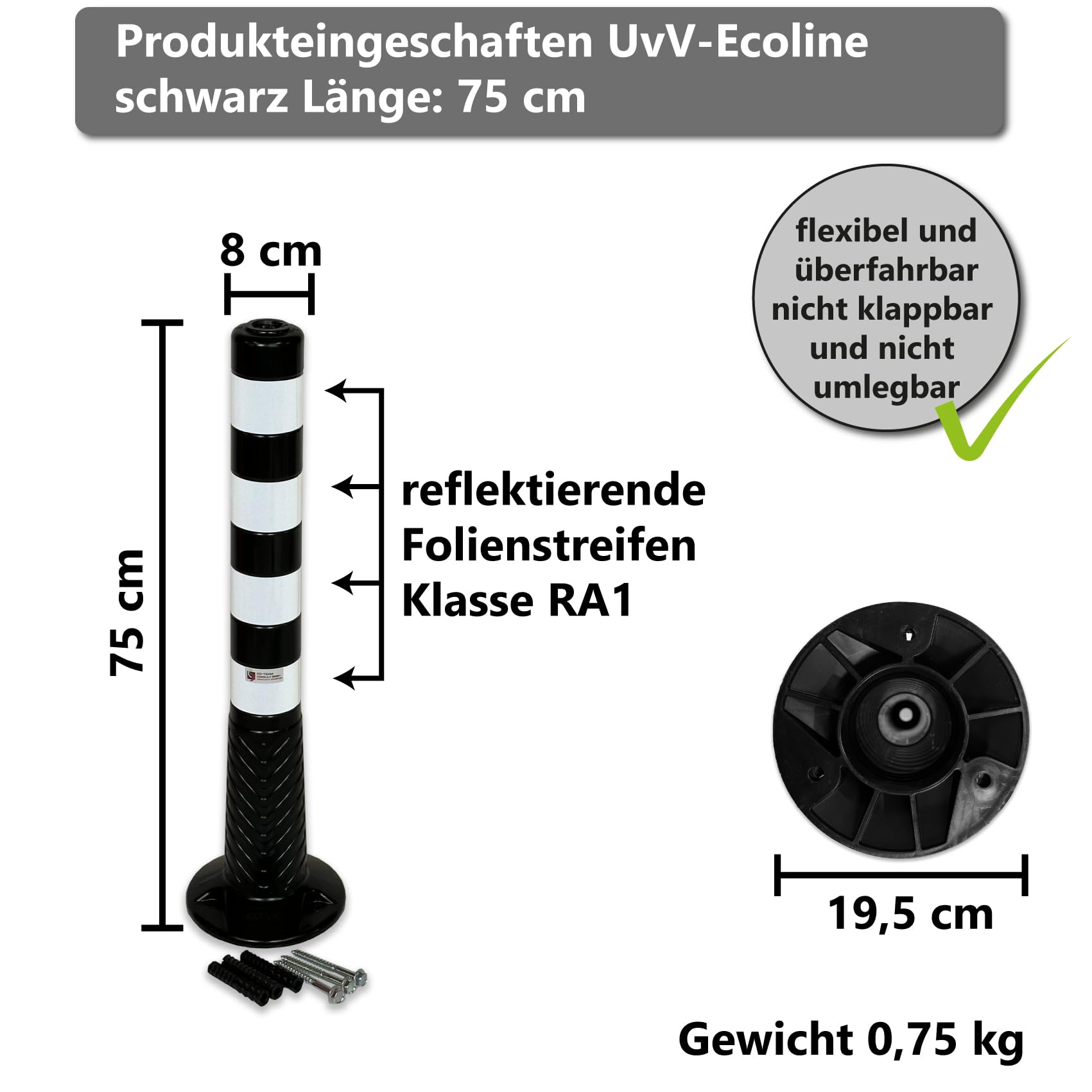 Absperrpfosten Ecoline Flexibel 100cm Schwarz Mit Reflexstreifen Inkl. Befestigung