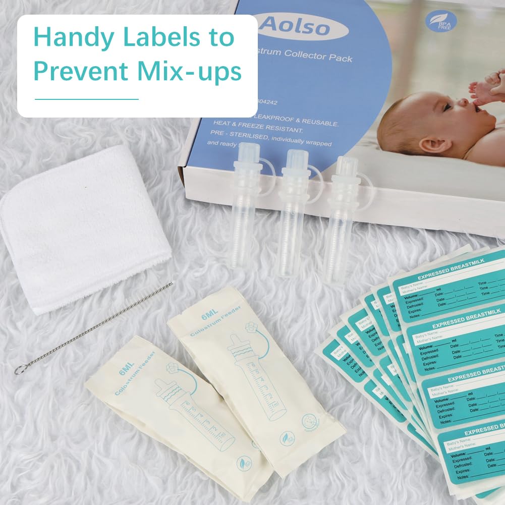 Aolso Colostrum Collector, 10 szt./6 ml, wielokrotnego użytku, pojemnik na mleko matki, silikonowy pojemnik na siarę, nie zawiera BPA, uniwersalny, przenośny, ze ściereczką do czyszczenia, z