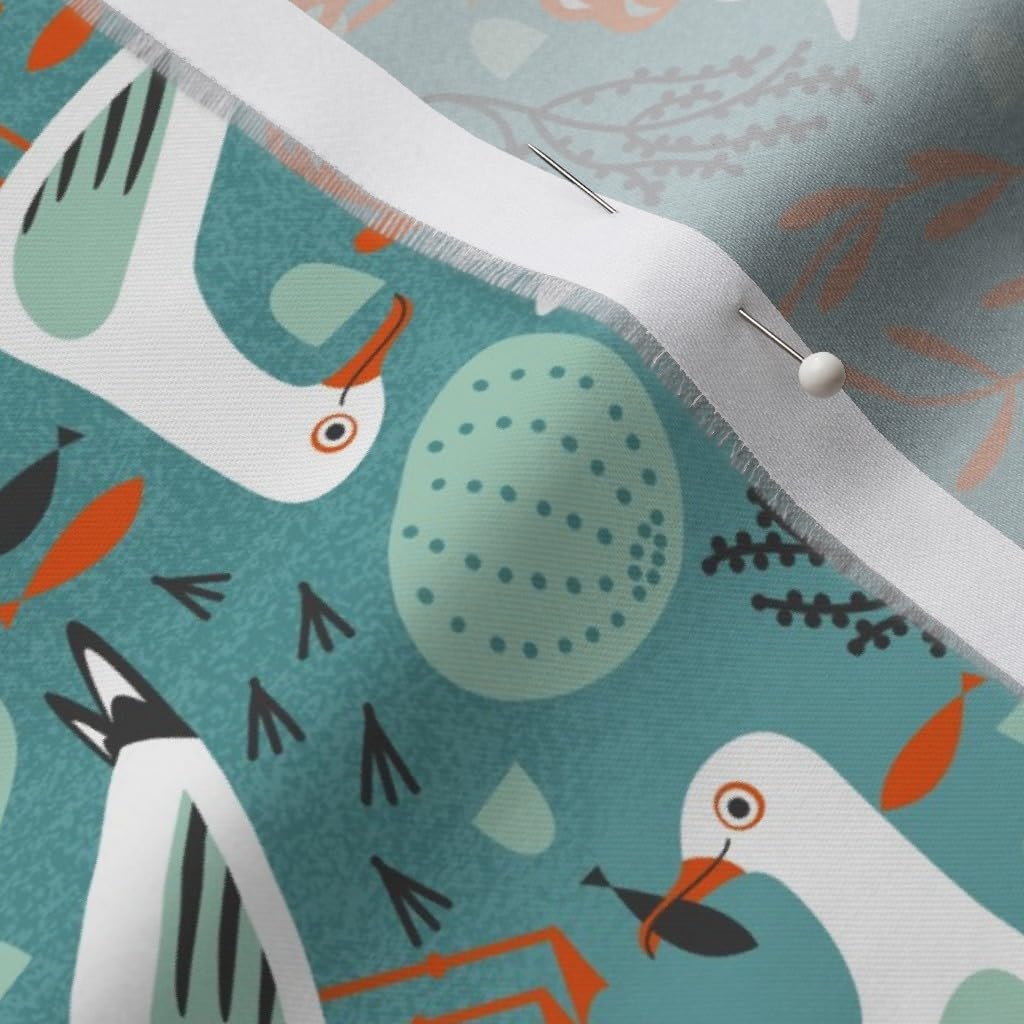 Spoonflower Fabric - Summer Seaside Sea Beach Ocean Small Teal Scale Print Seagulls Crabs Printed on Organic Cotton Sateen Fabric by The Yard - Sewing Quilting Apparel Home Decor