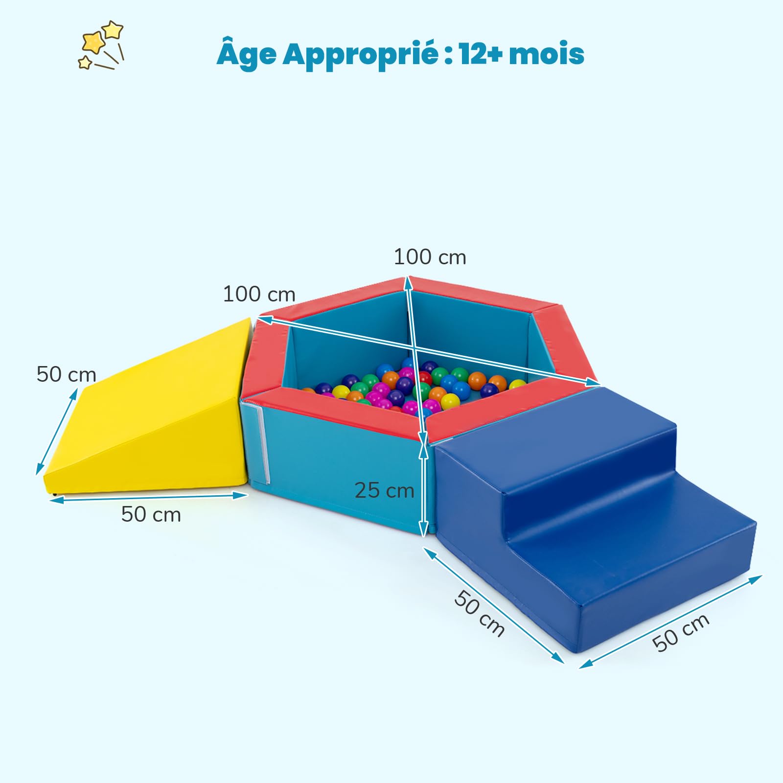 DREAMADE 3 Parcours Motricité Bébé, Blocs de Construction & Piscine à Balles pour Grimper et Ramper avec 100 Balles Océaniques, pour Enfants 1+ Ans