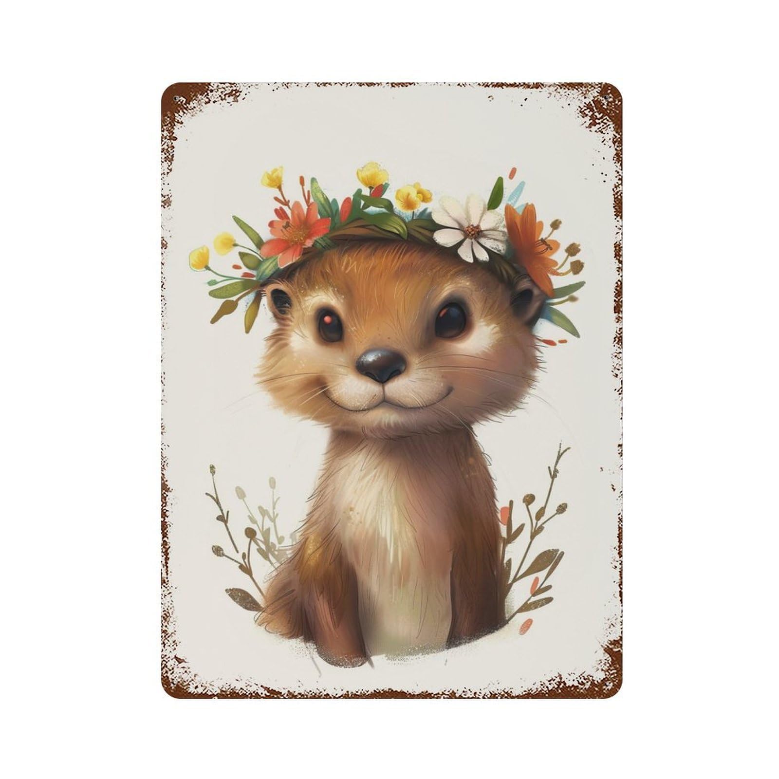 Rust Effect Otter Flower Weathered Tin Sign 15.7"x11.8", Shabby Chic Decor for Patio, Garden Room And Bar Decor