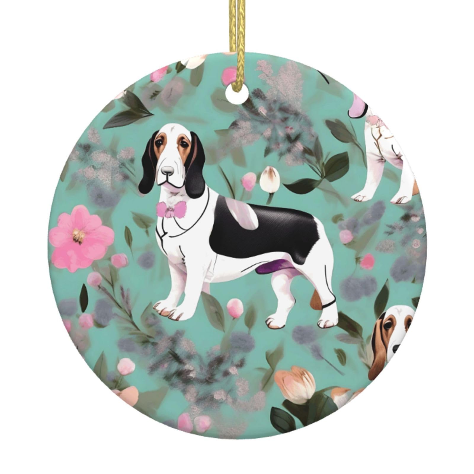 Sweet Basset Hound Florals Print Christmas Ornaments, Ceramic Hanging Ornament, Round Shape Decorations