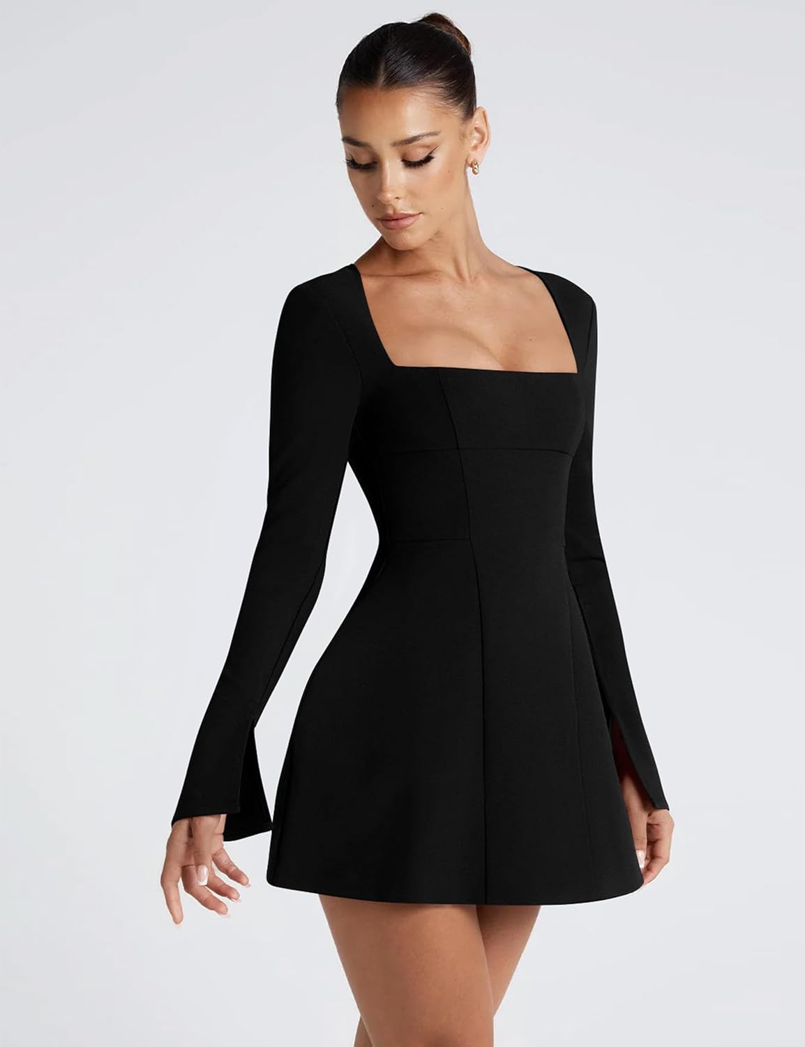 YMDUCH Women's Sexy Long Sleeve Square Neck A-Line Mini Club Prom Dress - Image 4