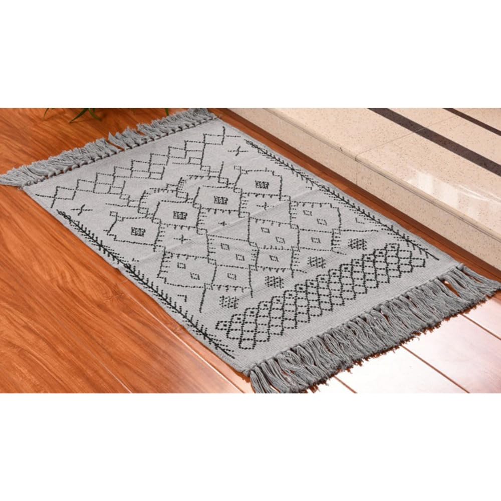 Tappeto in cotone e lino, lavabile, tappeto con nappe, per camera da letto, cucina, per ingresso, bagno, grigio, 60 x 130 cm