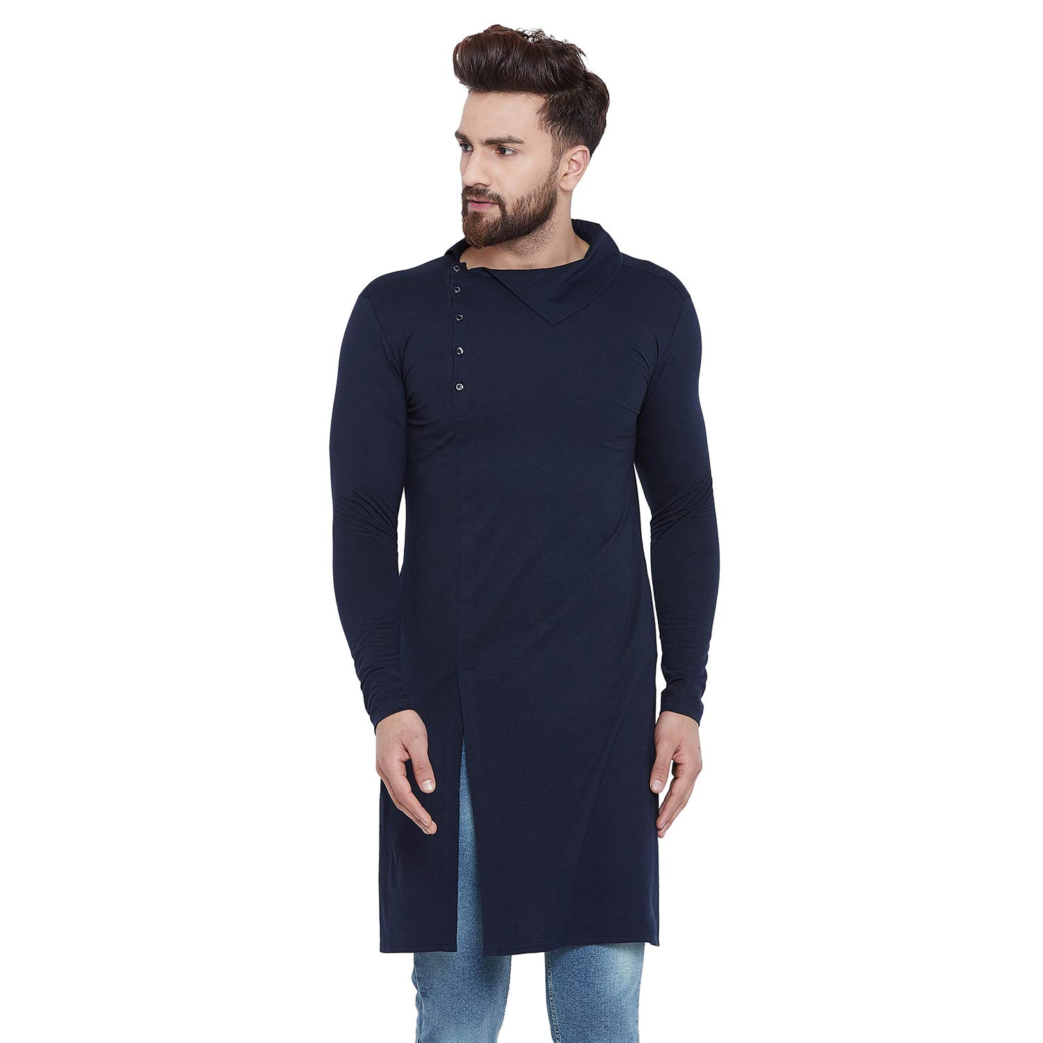 Chill Winston Navy with Collar and Buttoning On Upper Chest Cotton Blend Mandarin Collar Full Sleeves Slim Fit Kurta for Men(CWM0365)
