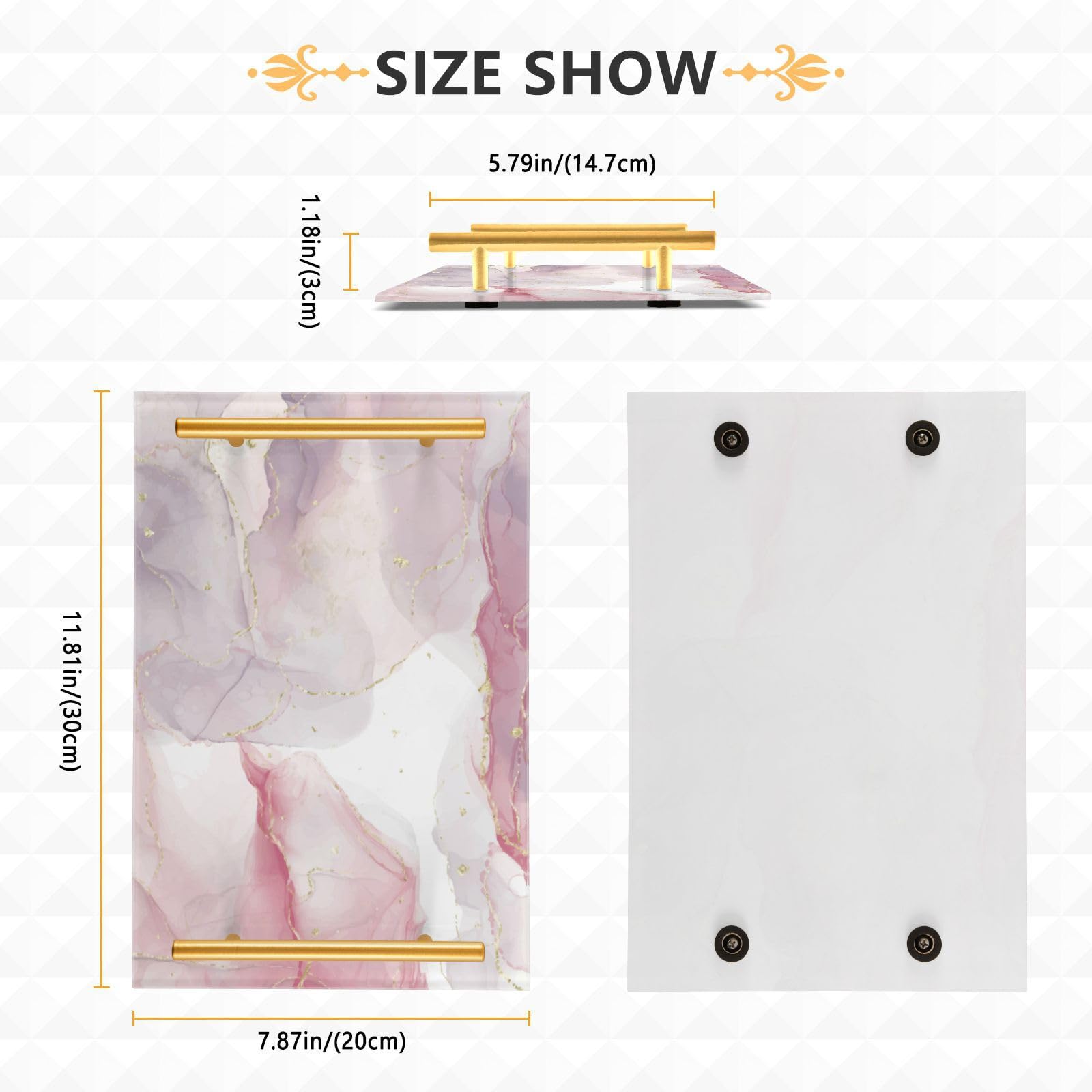 Pale Pink Marble Decorative Tray, Decorative Tray for Perfume Accessories, with Golden Metal Handles for Counter, Vanity, Dresser, Nightstand or Desk