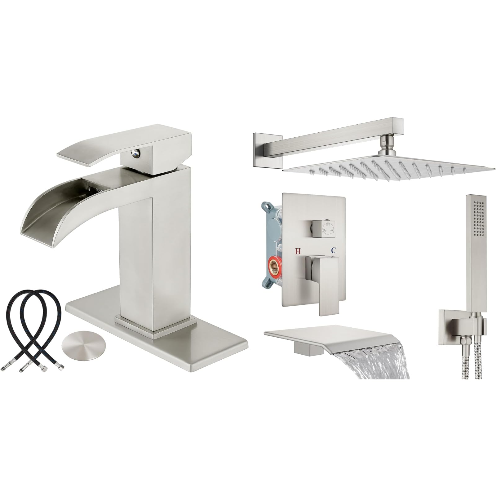 Hcfyauis Brushed Nickel Single Handle Slotted Waterfall Vanity Bathroom Sink Faucets With 10 Inch Brushed Nickel Rain Shower System Tub Shower Faucet Set Square Rainfall Shower Head