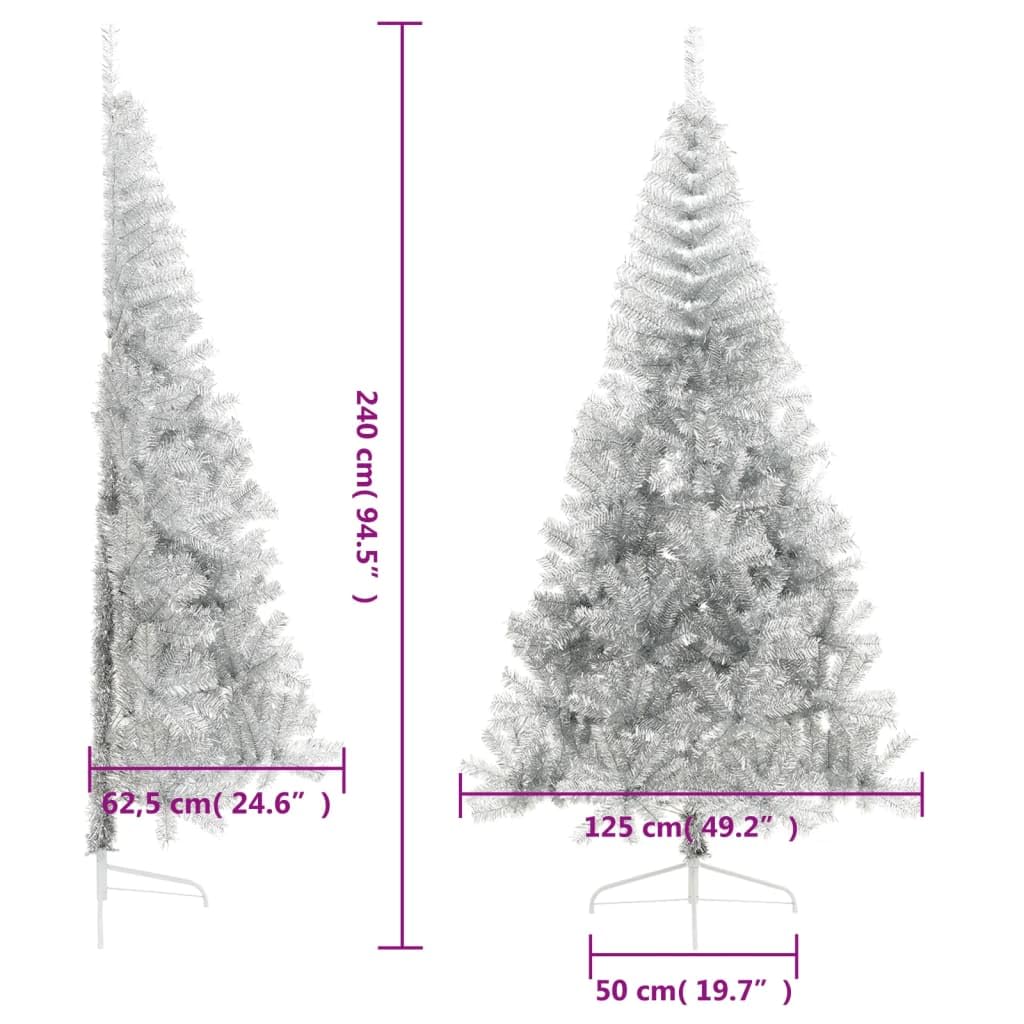 Árbol de Navidad artificial de 240 cm plateado con soporte de acero, mitad árbol de Navidad de PET para la pared como decoración que ahorra espacio