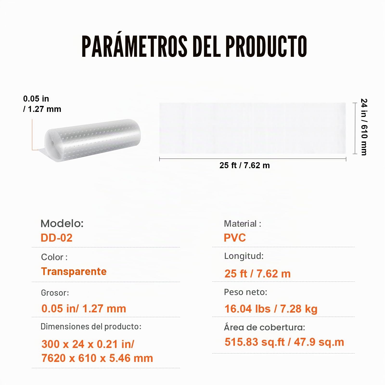 VEVOR Protector de Alfombra para Mascotas, PVC a Prueba de Arañazos, Alfombrilla Protectora Antideslizante para Arañazos de Gato, Tapón de Plástico Fácil de Cortar, 7620 x 610 x 5,46 mm, 47,9 m²