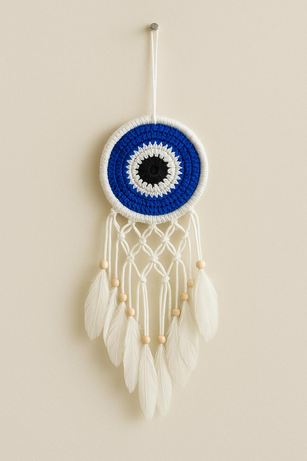 Handmade Evil Eye Dreamcatcher Wall Hanging – Blue & White Crochet Dream Catcher with Feathers & Beads – Boho Home Décor, Protection & Good Luck Charm (Evil Eye)-image-3