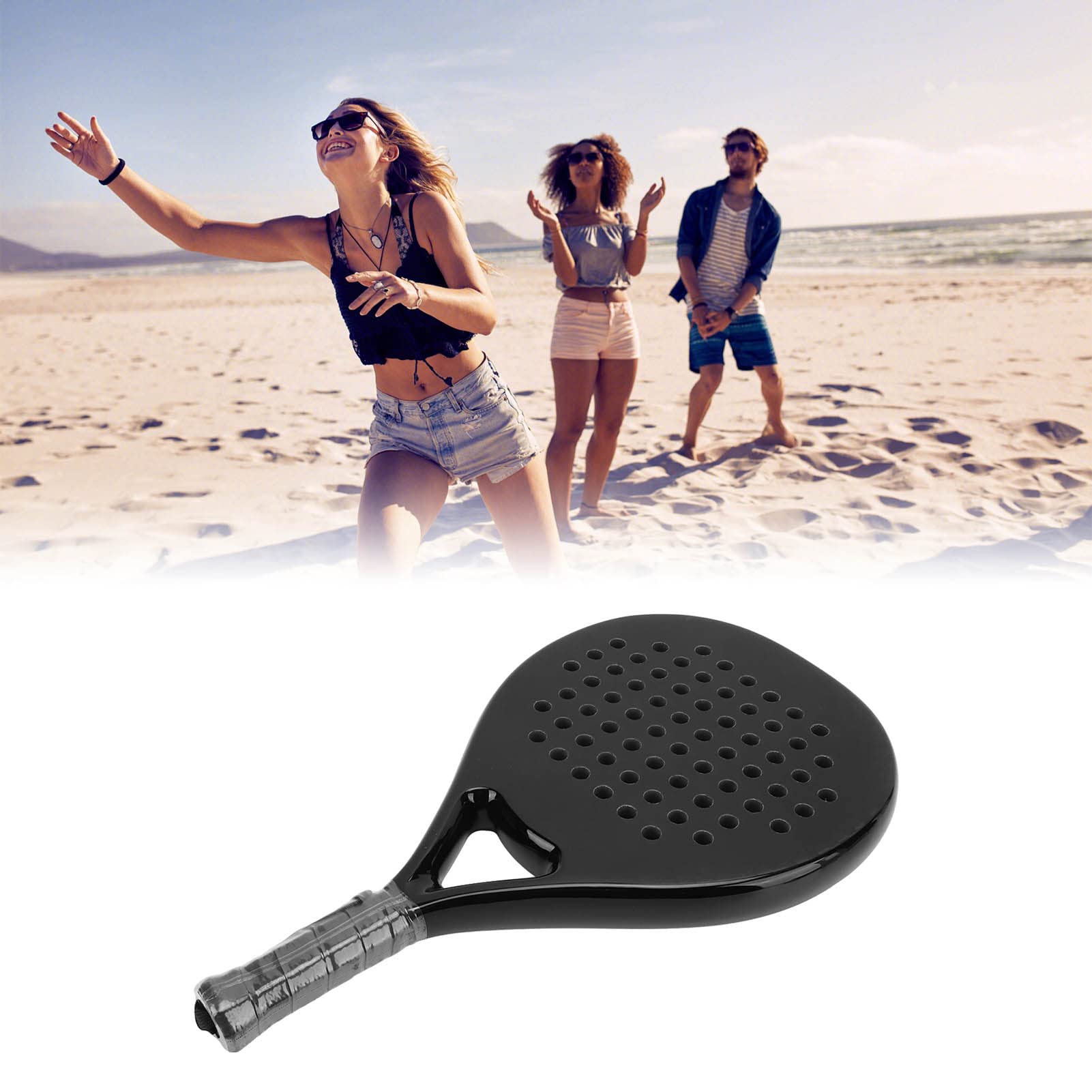 Jectse Racchetta da Beach Tennis, Racchetta da Beach Tennis Nera Interamente in Fibra di Carbonio con Nucleo in Memory Foam EVA e Cinturino da Polso
