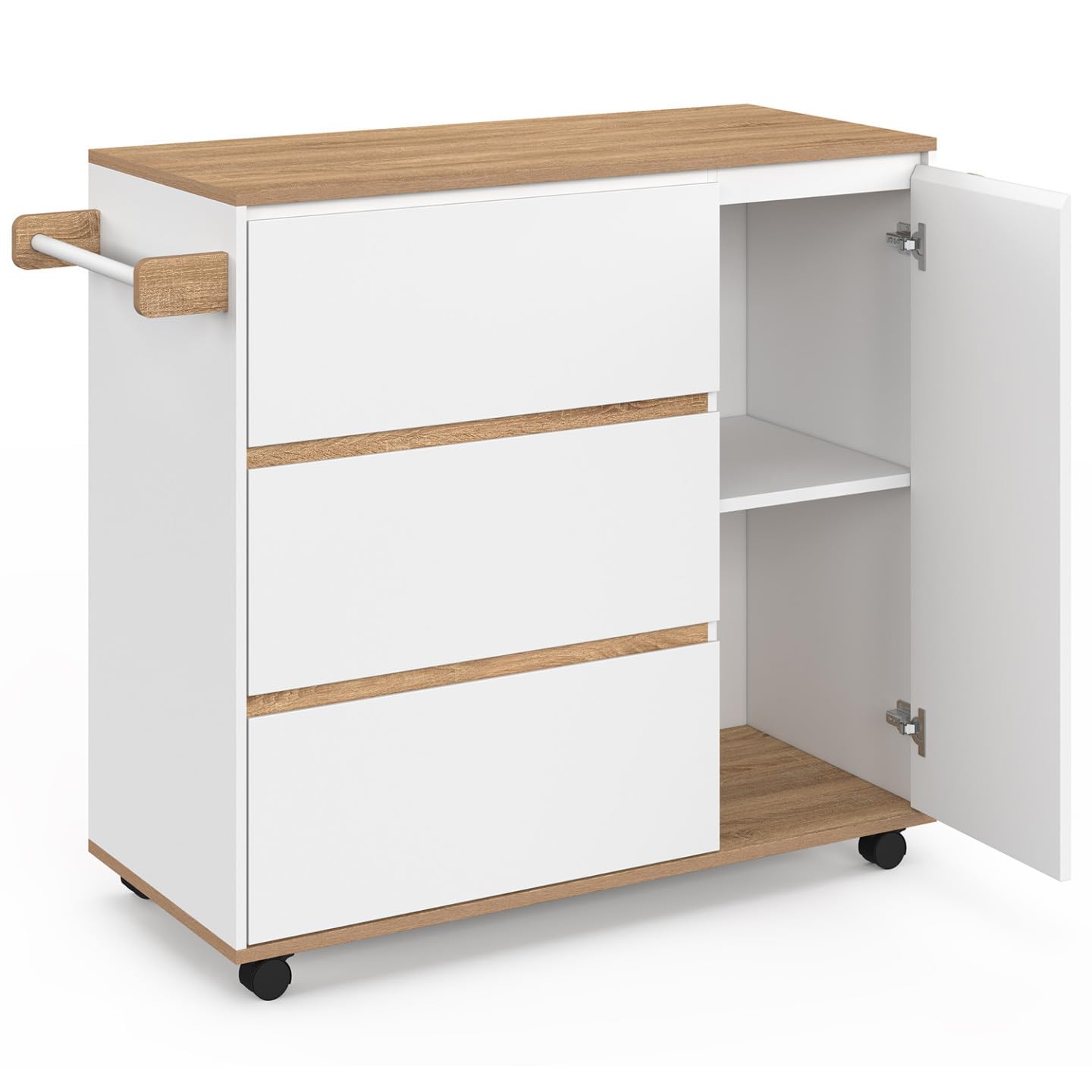 IDMarket - Credenza COMI XXL con 3 cassettoni e armadio bianco e piano effetto faggio L. 90 cm
