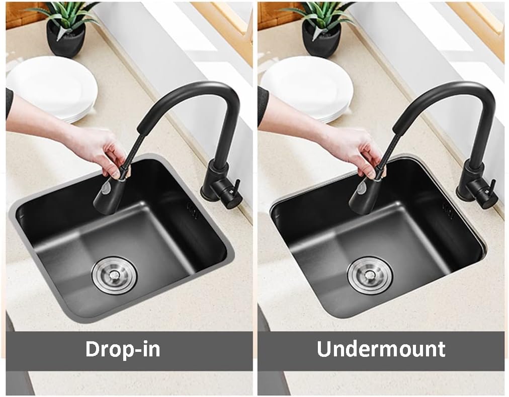 Square Stainless Steel Bar Or Prep Kitchen Drop-in Top Mount Or Undermount Easy to Clean V-Shaped Sewer Pipe,Black-35x33x19cm