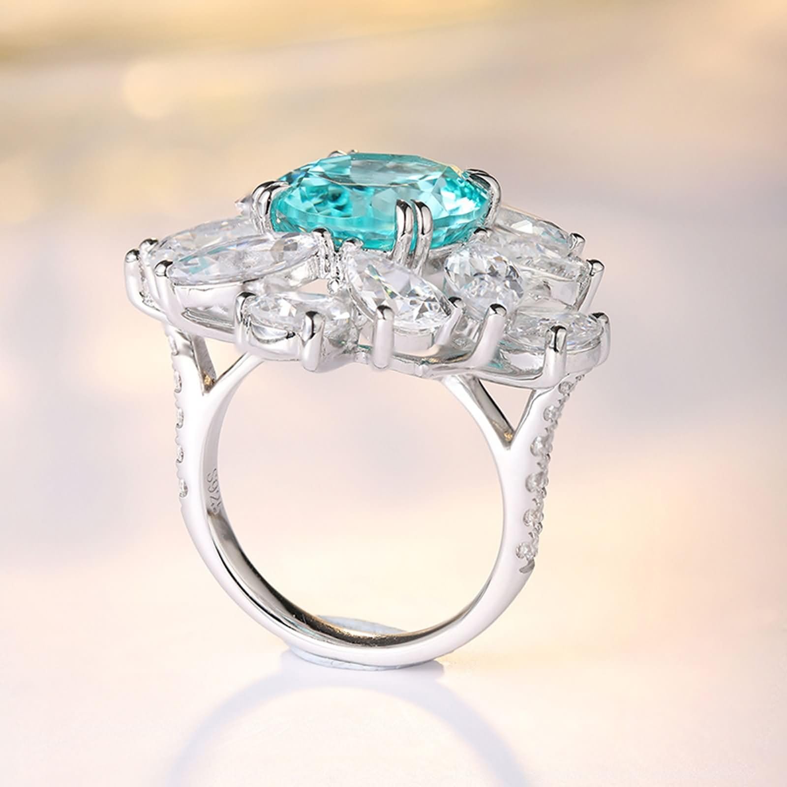 Daesar Anillos para Compromiso Mujer con Flor y Oval con Turmalina Paraiba Creada de 9.79ct y Moissanita, Oro Blanco 9K/14K/18K, Anillos de Boda y Compromiso Plata Azul Lago
