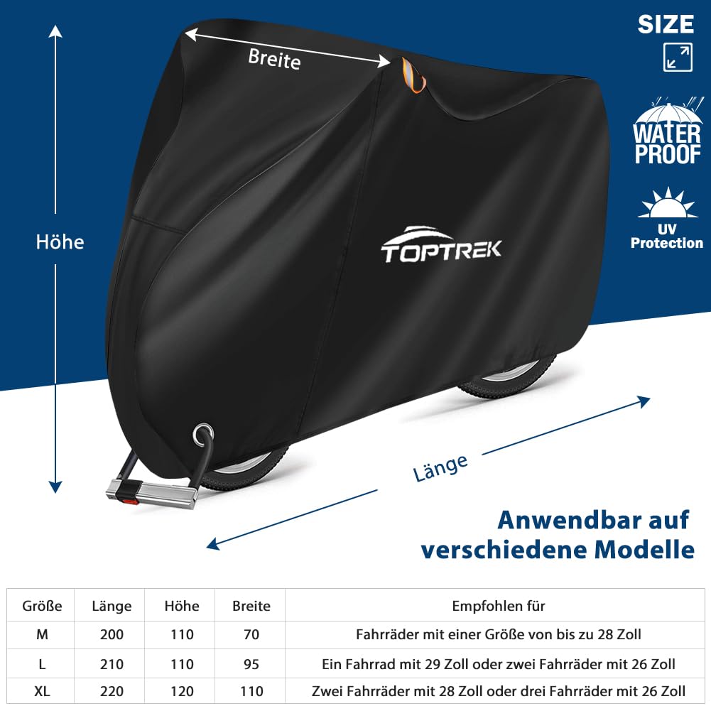 toptrek Housse vélo pour 3 vélos 210D avec bande couture en tissu Oxford imperméable de qualité supérieure - 220 x 120 x 110 cm - Résistance à la déchirure - Protection solaire - Avec sac