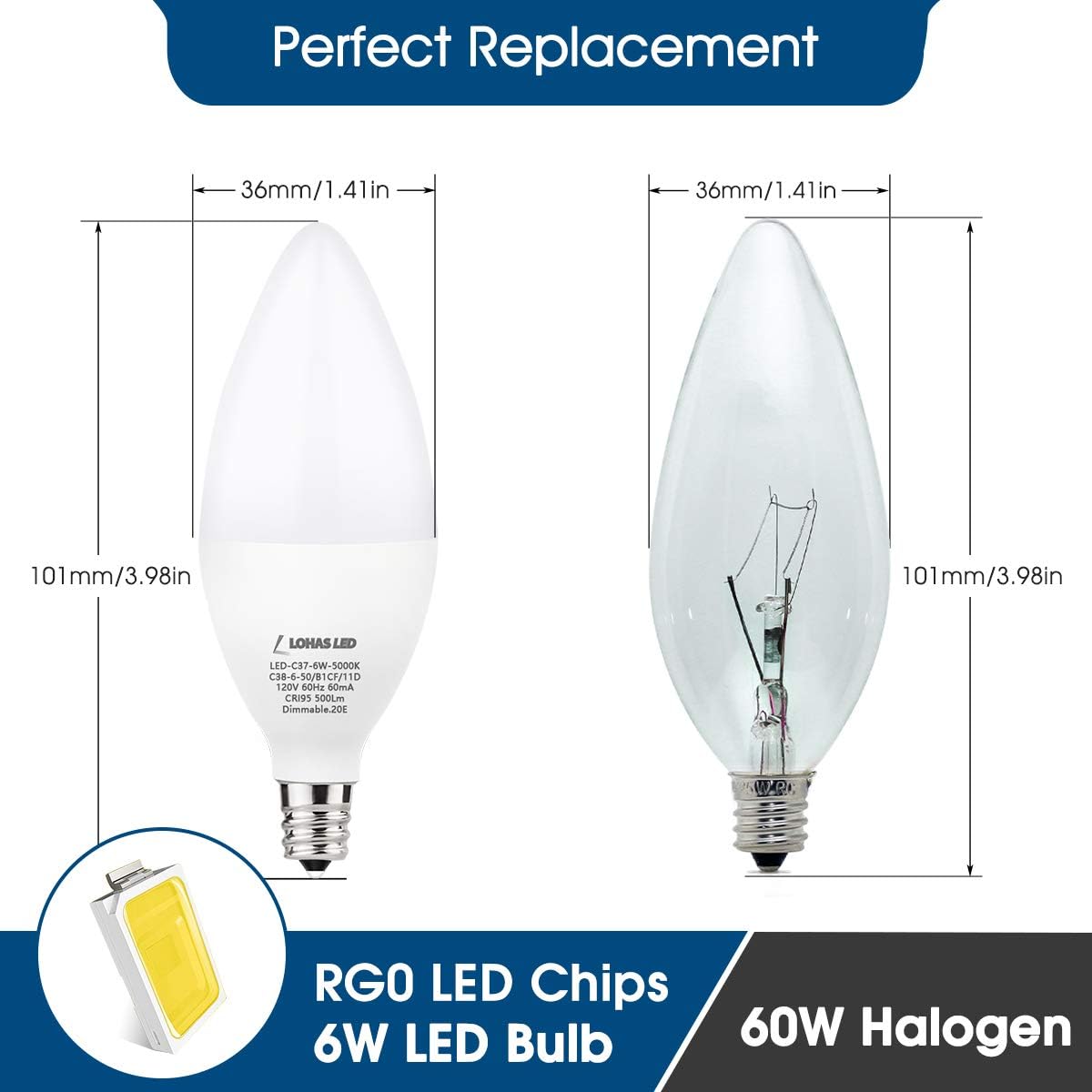 LOHAS Candelabra LED Bulbs, 60 Watt Equivalent-6W LEDs, Daylight (5000K) Light Bulbs Candelabra Base (E12), 180 Degree Beam Angle, Not-Dimmable LED Lights for Home Lighting (6 Pack)