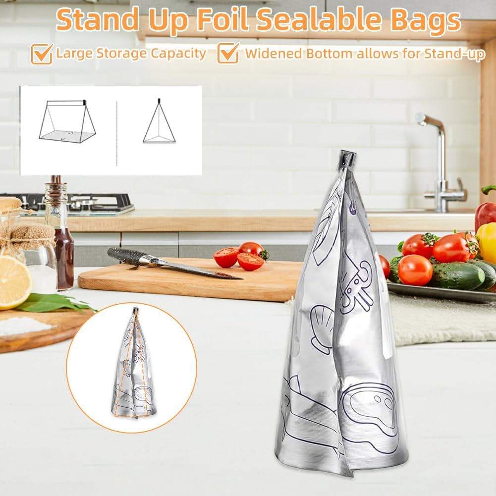 30PCS Reusable Aluminum Foil Sealable Storage Bags, 2026 New Resealable Vacuum Zipper Pouches for Food, Stand Up Foil Sealable Bags with Label and Zip Lock for Vegetable Fruit Meat image 4