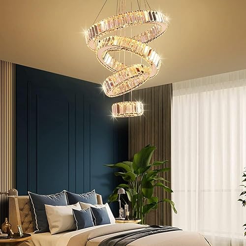 Miniatura 4 de YPQXYHDA Candelabro moderno de cristal con 4 anillos, lámpara de techo LED, lámpara de techo alto para dormitorio, sala de estar, comedor (blanco