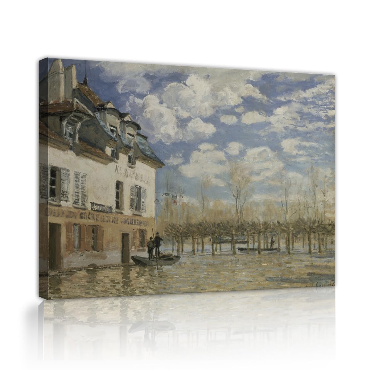TOANGWALL Classic Flood Landscape Canvas Wall Art Parlor Alfred Sisley Boat in the Flood at Port Marly Famous Painting Framed Artwork for Cafe Decor 85x100cm