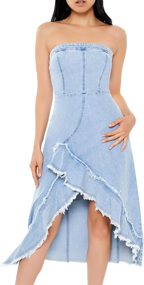 Forever 21 Women's Frayed Tulip-Hem Midi Dress, Medium Denim, XS :  Amazon.co.uk: Fashion