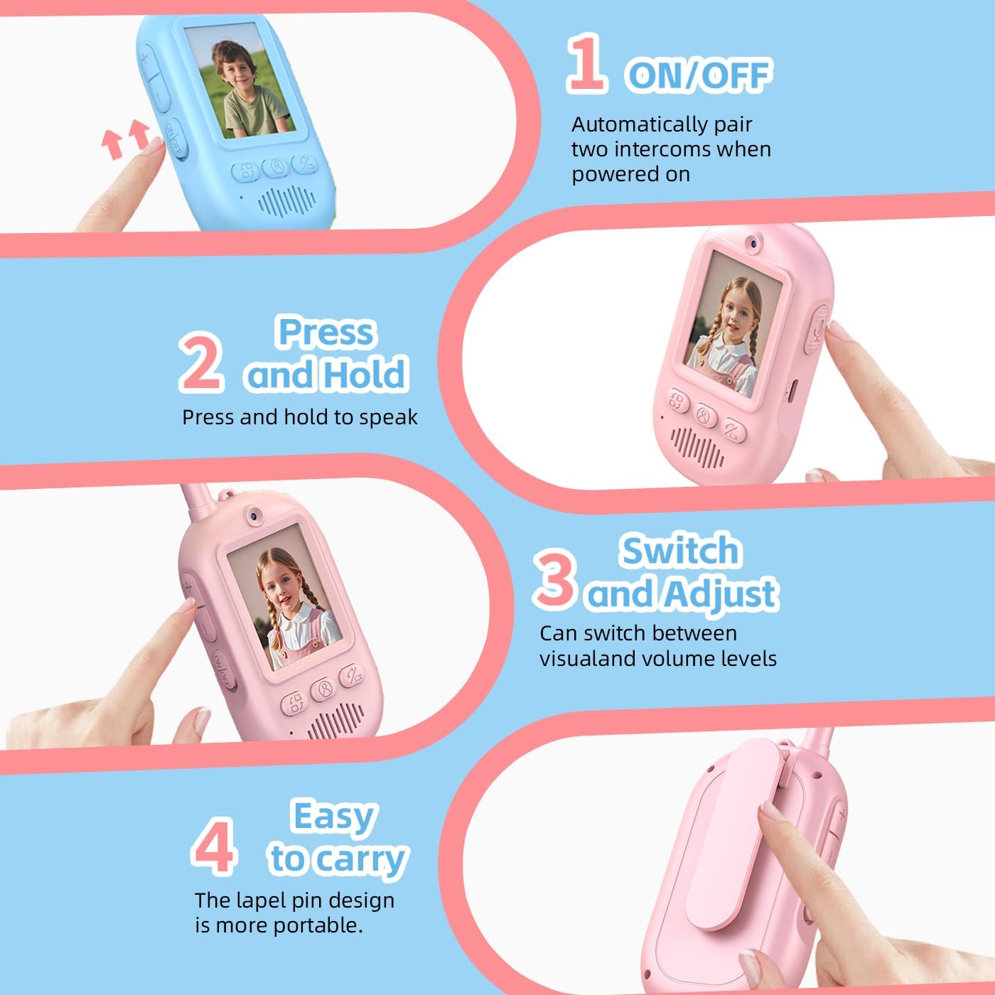 2PCS Video Walkie Talkies for Kids Camping Toys Spy Gear Outdoor Games for Family Hide and Seek Spy Role Play ABS Rechargeable Long-Range HD Camera Voice Changer Toy - Blue/Pink 136x56x26mm