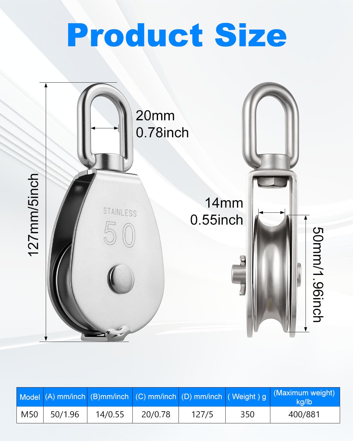 Rocaris paquete de 4 poleas de elevación M50 de 880 libras, acero inoxidable 304, bloque de polea de cuerda de elevación giratoria de una sola rueda