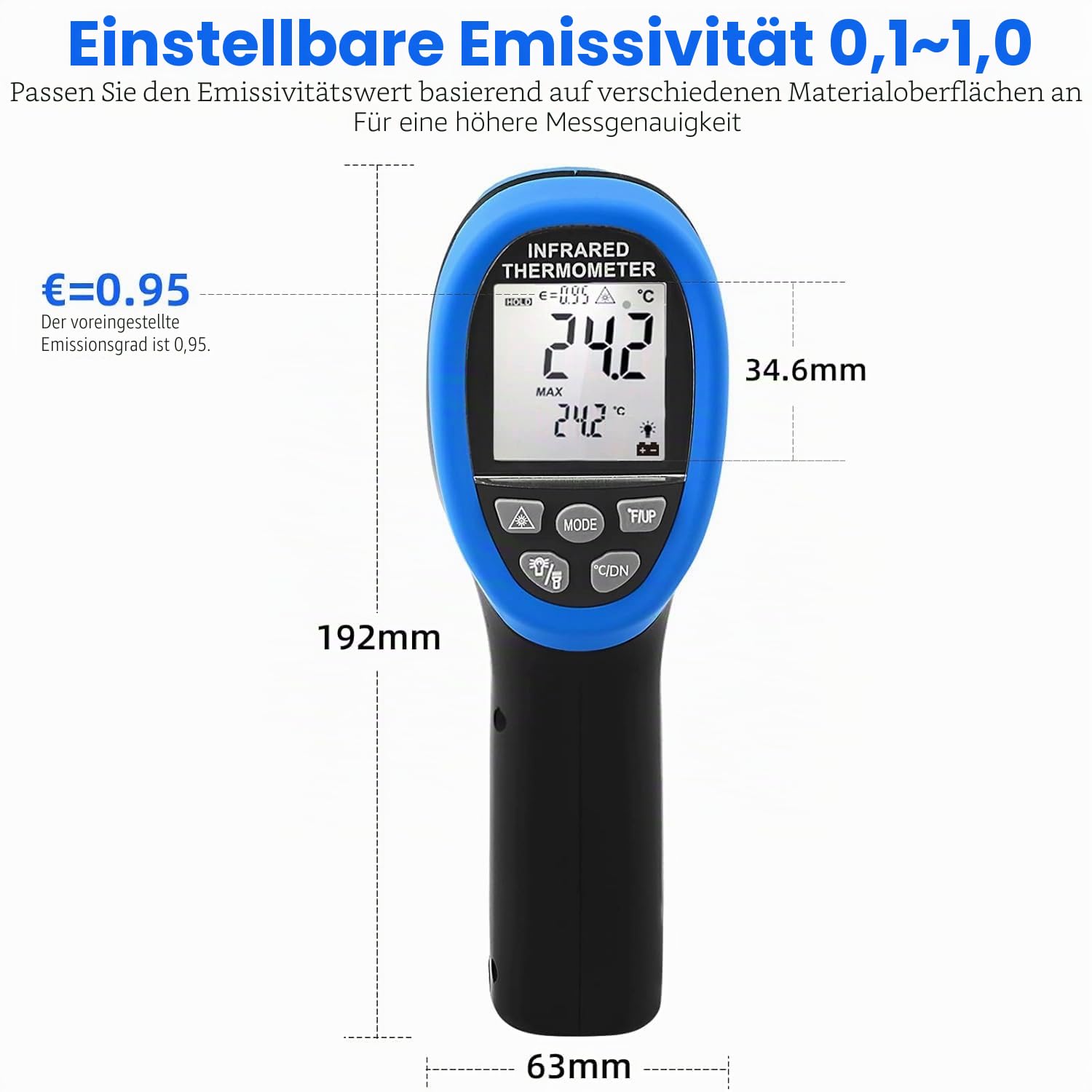 Kethvoz Digitale Infrarot Laser Thermometer -50℃ bis 1800℃, Genauigkeit ±3% | Digital IR-Pyrometer, Berührungsloses Temperaturmessgerät D:S=50:1, Einstellbare Emissivität, für Küche Industrie