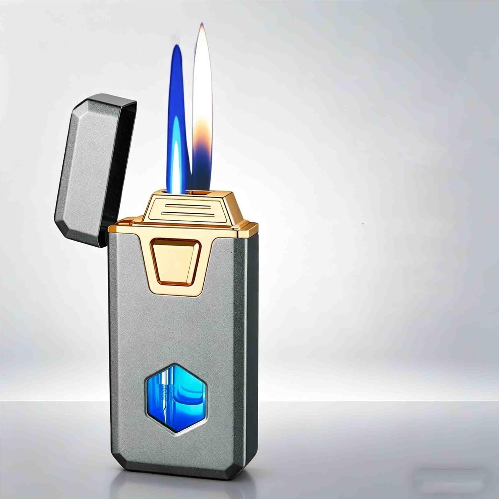 OGQBEAPC Refillable Dual Flame Lighter, Switchable Jet Blue & Soft Fire, Windproof Butane Lighter with Visible Gas Window(A)