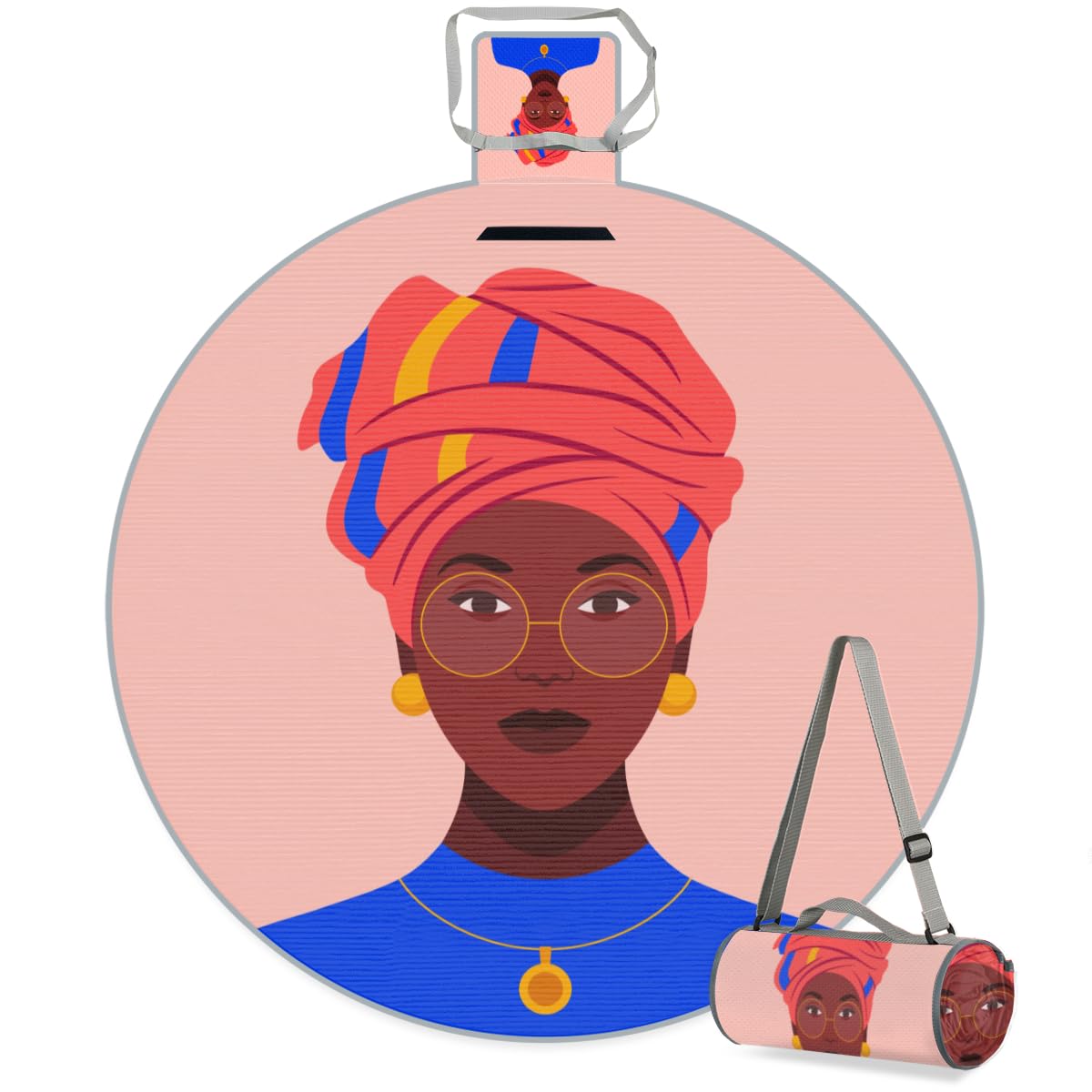 Shimoshe African Woman in Glasses A Traditional Headdress Picnic Outdoor Blanket Foldable Waterproof Sandproof Beach Blanket Portable Water-Resistant Round Picnic Mat for Travel Camping Park Lawn