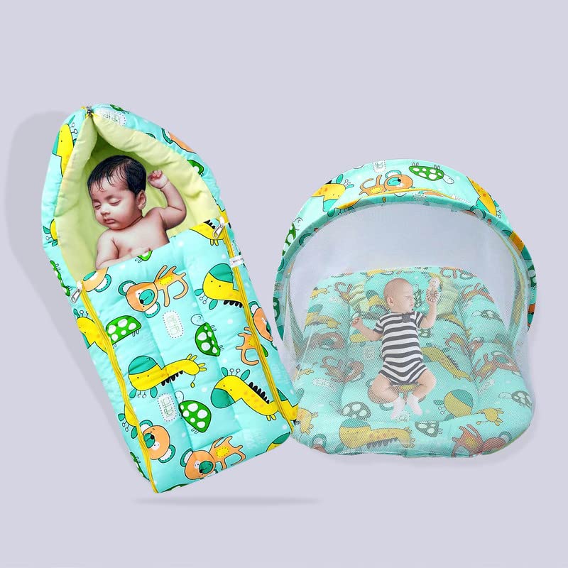 Image of MOM & SON Baby Gift Set Mattress with Net & Baby Sleeping Bag (0-3 Months) (Green)