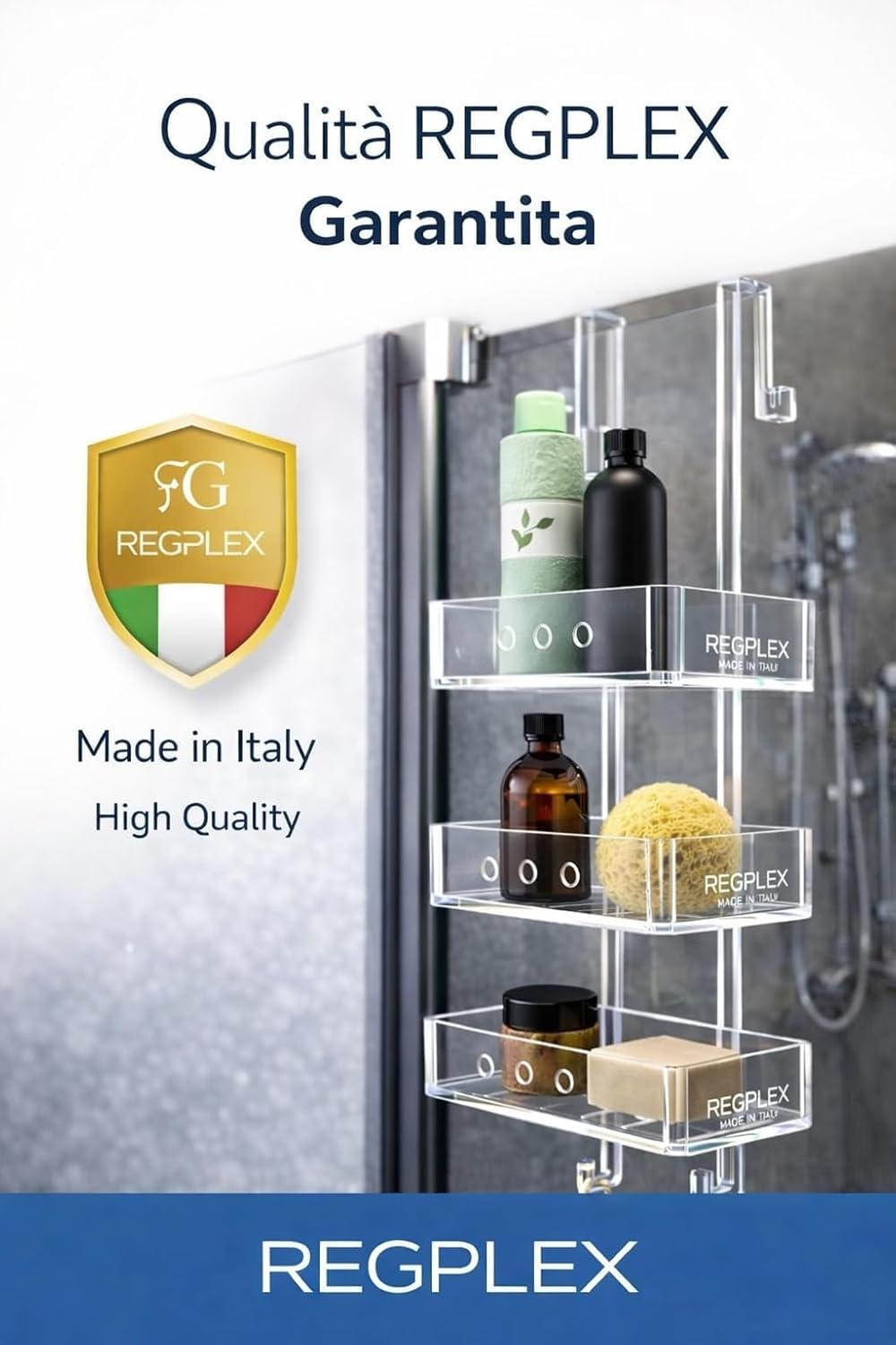 REGPLEX Porta Shampoo Doccia Plexiglass Trasparente Organizer Bagno 3 Mensole Montaggio Senza Viti Adatto Box 26-40 mm