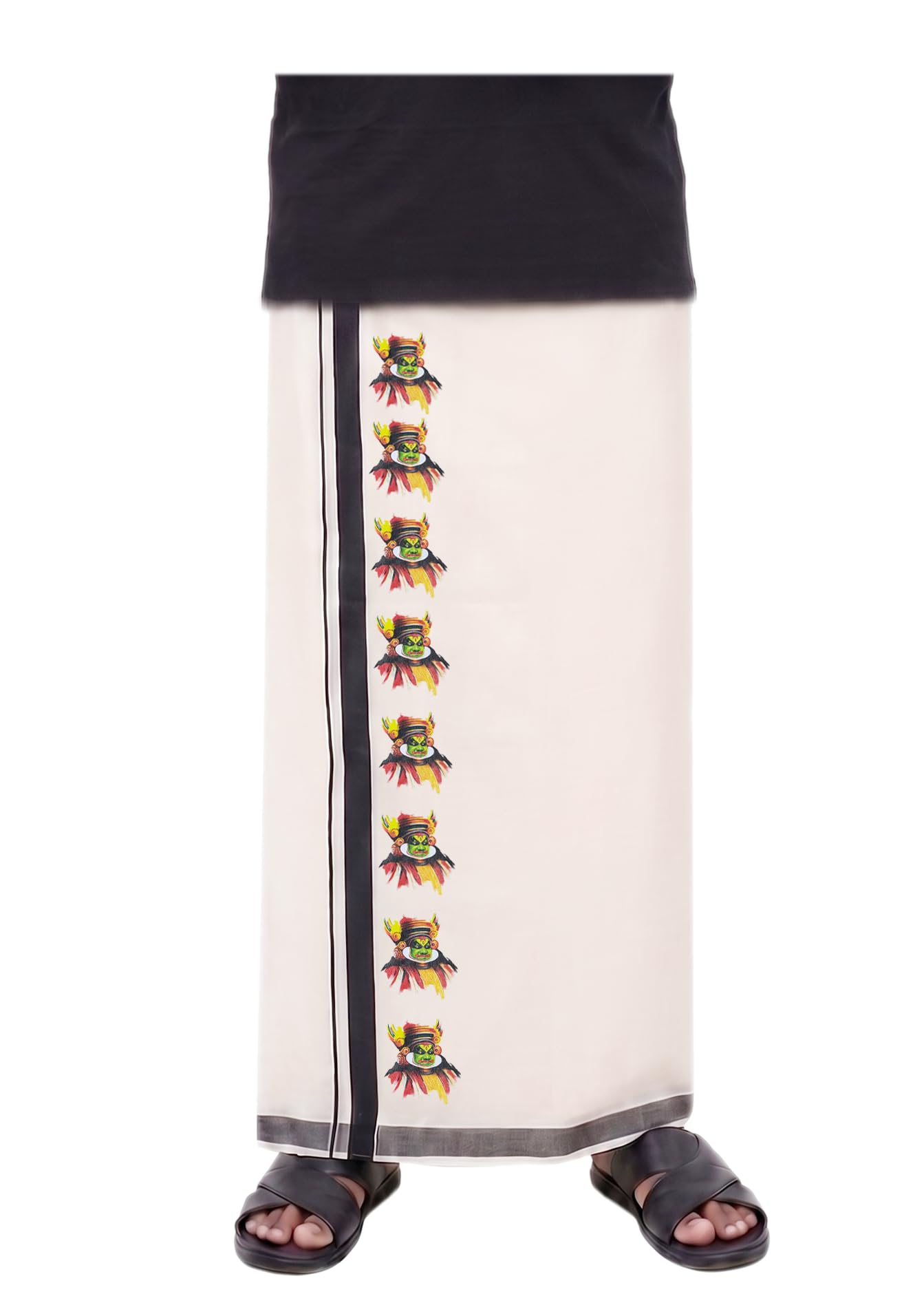 Men's Kerala Traditional Printed Cream Dhoti 100% Cotton 4 Mtr Black Border Double Mundu/Vesti | Matt Finishing Print for Onam Festival (Dhoti Green Kathakali)-picture-16