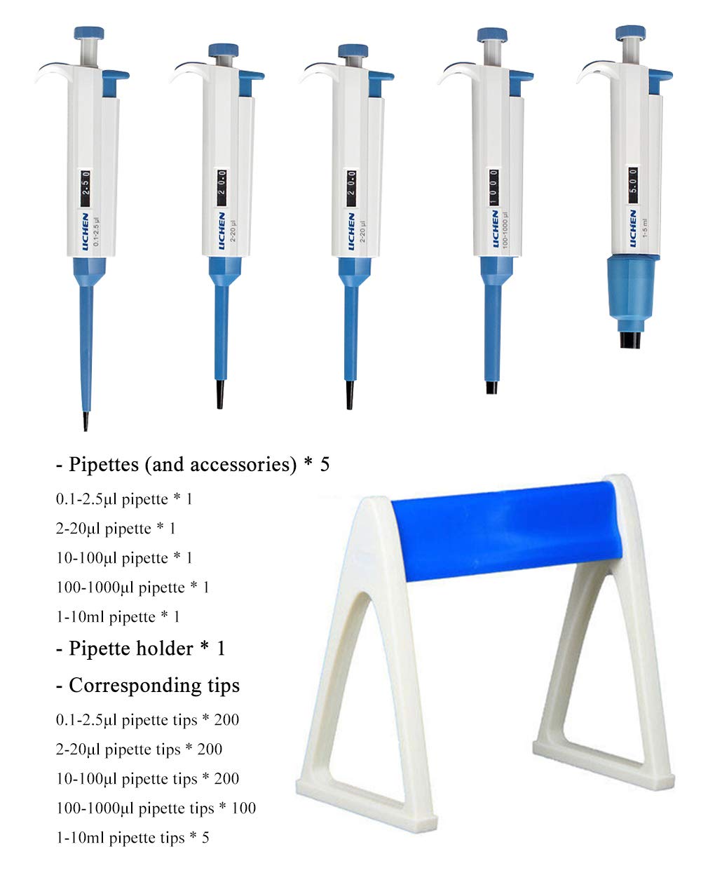 CGOLDENWALL Pipeta Kit: 5 Pipetas de Volumen Ajustable de 0.1-2.5μl, 10-100μl, 100-1000μl, 1-10ml; Soporte de Pipetas; Puntas de Pepitas - para Prueba de Muestreo Transferencia de Líquido