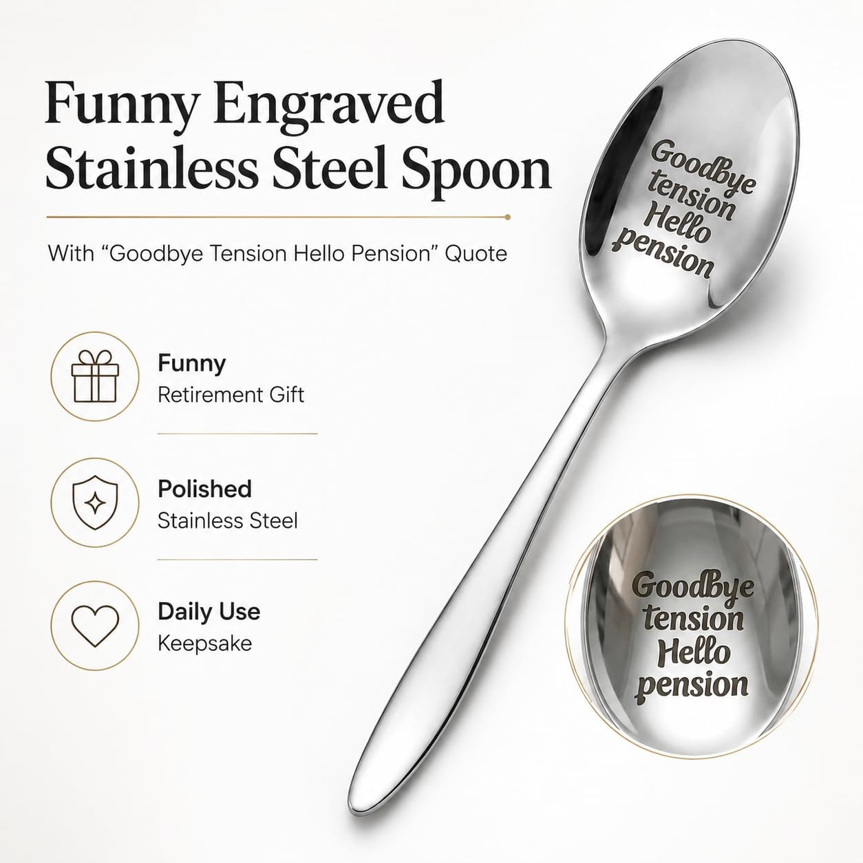 Good Bye Tension Hello Pension Coffee Spoon, Engraved Stainless Steel Coffee Spoon, Retirement Gifts for Women Men, Coworker Retirement Gift, Pension Party Gift, Retirement Present