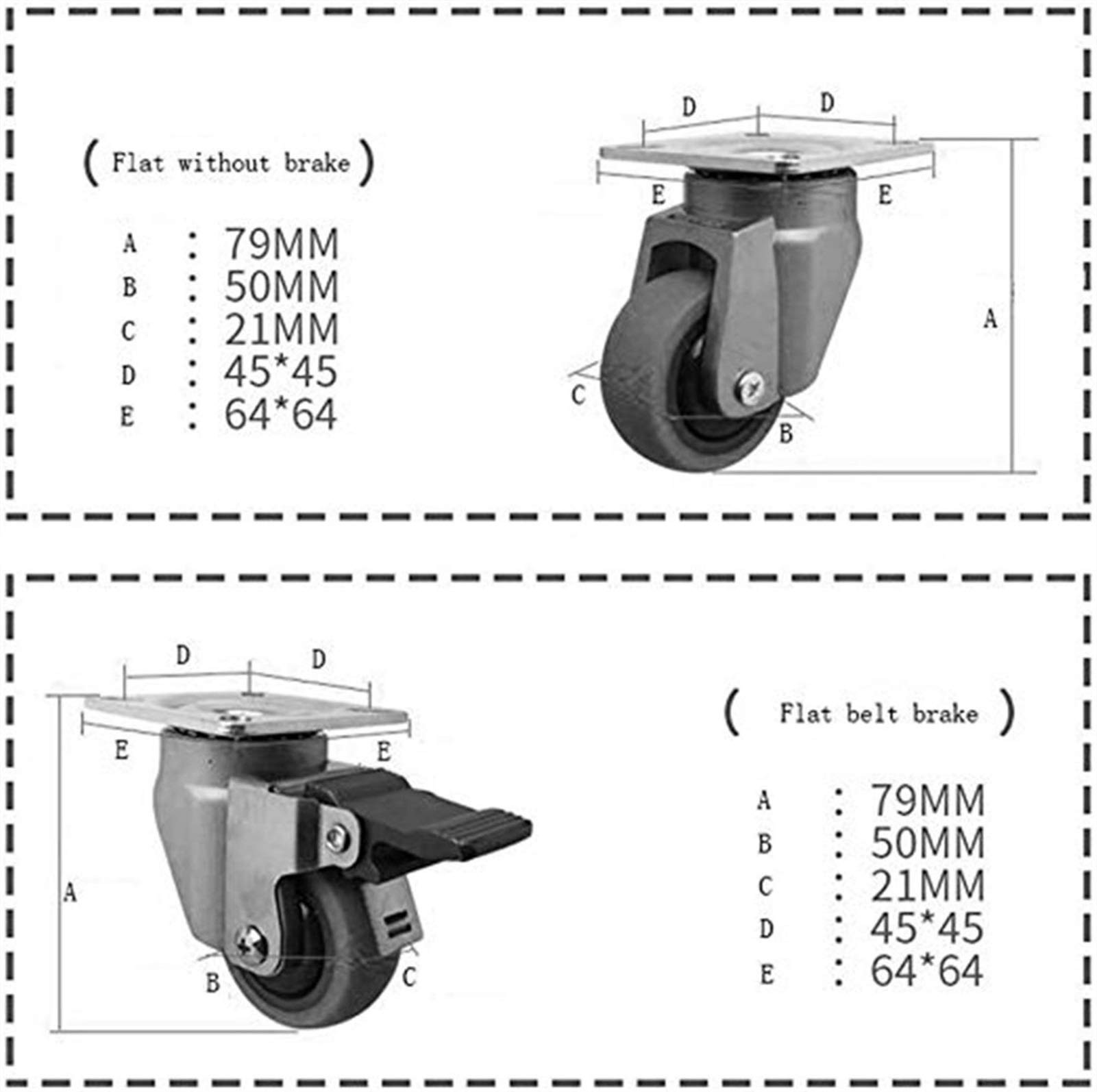 4 szt. rolek meblowych, 5 cm, wytrzymałe gumowe kółka, hamulce, uniwersalne, obrotowe 50 mm, 200 kg, cicha do walizek, uniwersalny hamulec, długoterminowe (kolor: