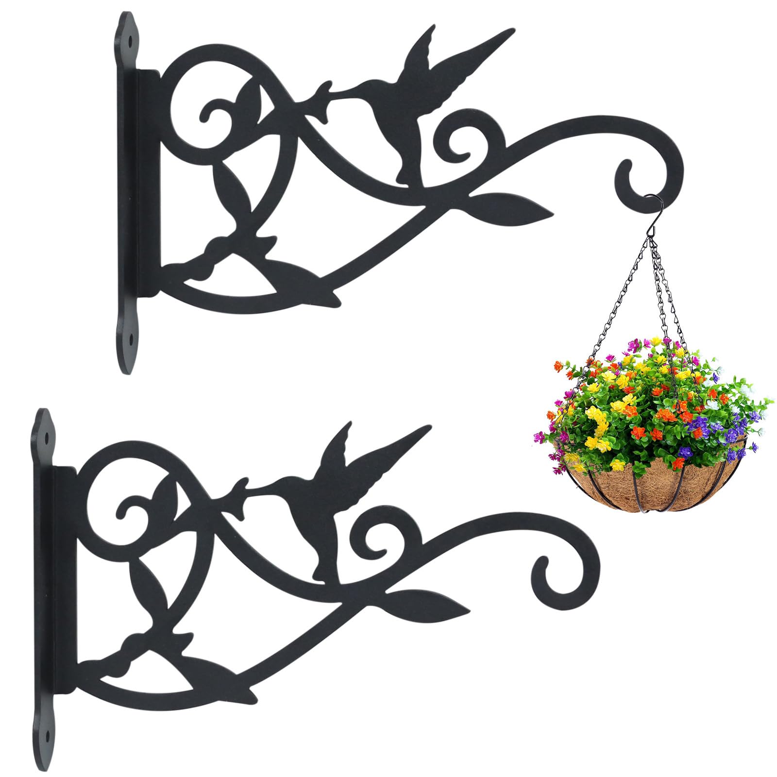 Msioytog B Ornamental Wrought Iron Floral Asket Hook Featuring Intricate Hummingbird Carving For Outdoor Use Strong Plant Hangers