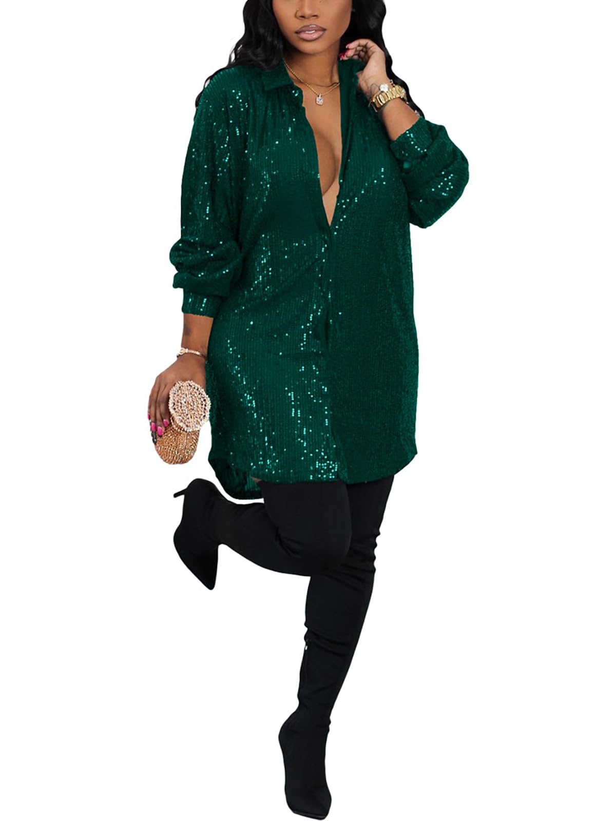Koobetonwomens Sequin Shirt Dress Button Down Long Sleeve Loose