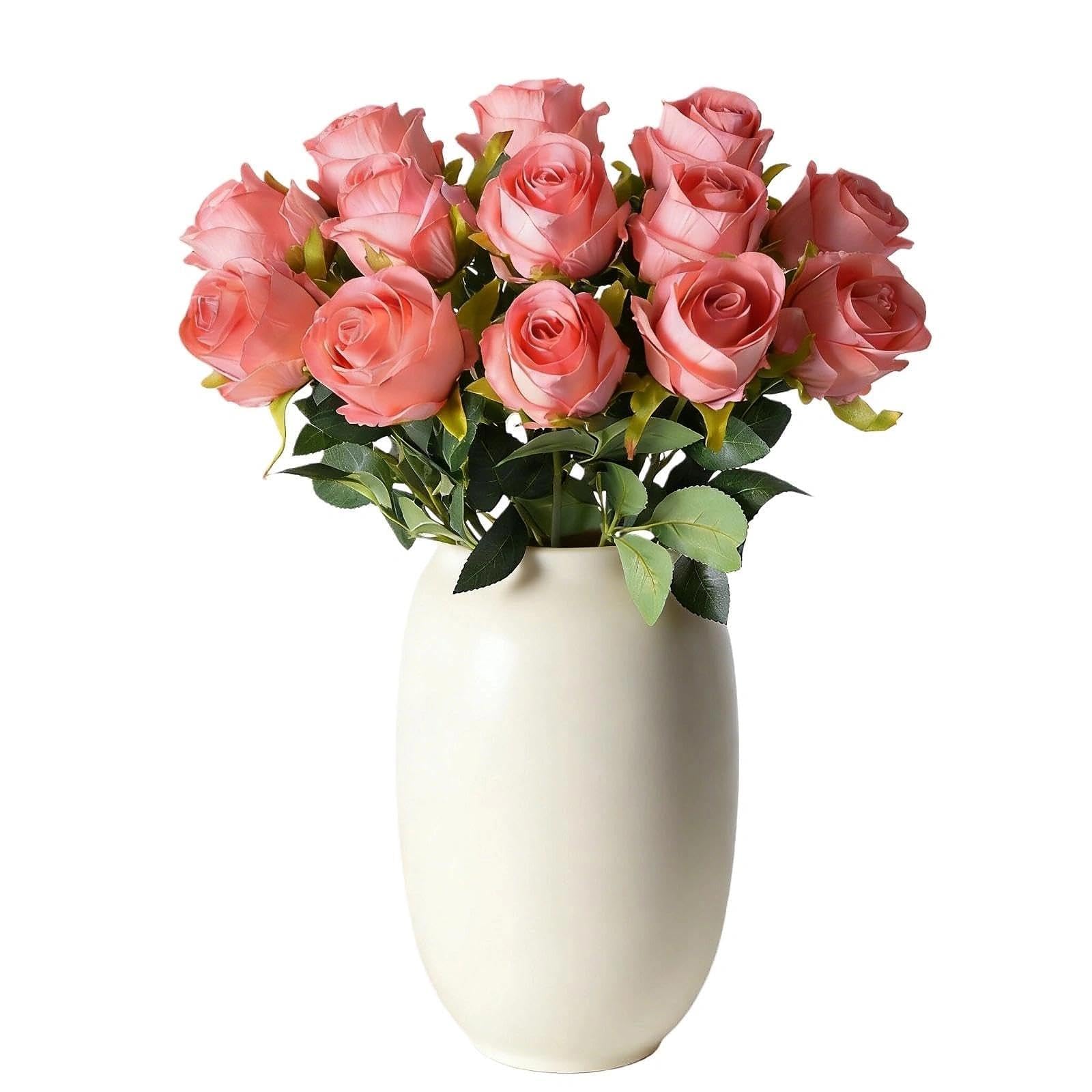 HUANYO 6 Pcs Artificial Roses, Real Touch Fake Silk Flowers with Stem for Home Garden Wedding Decor (Pink)